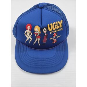 Vintage "Ugly Strikes 1 Out Of 3" Funny Blue Trucker Hat‎ Cap Rich LTD